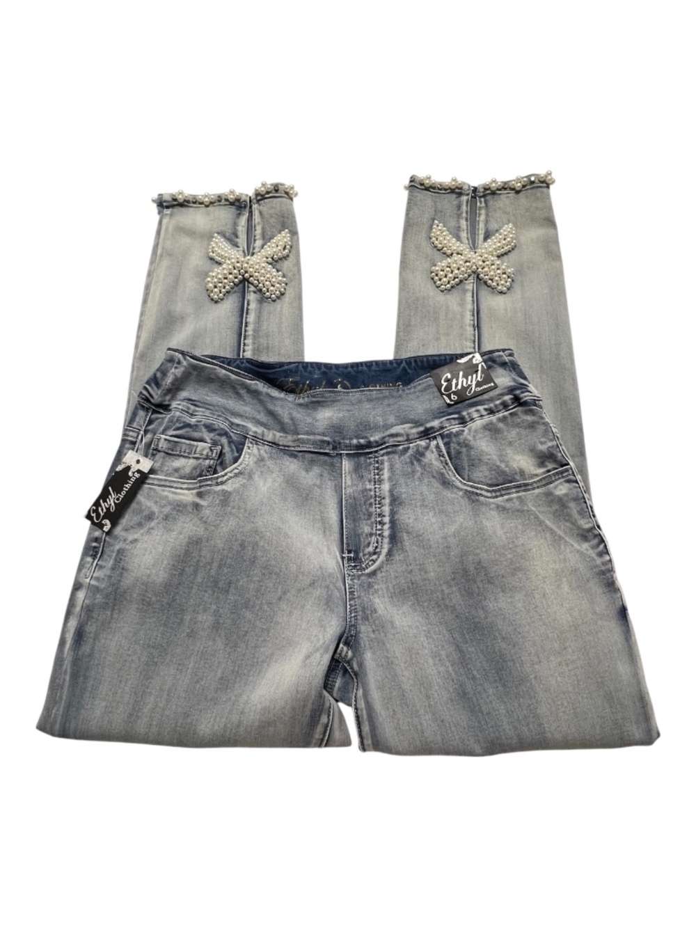 NWT Ethyl Clothing Pearl Embellished Jeans Gemstone Hem Detail | Size 6 - Picture 6 of 10